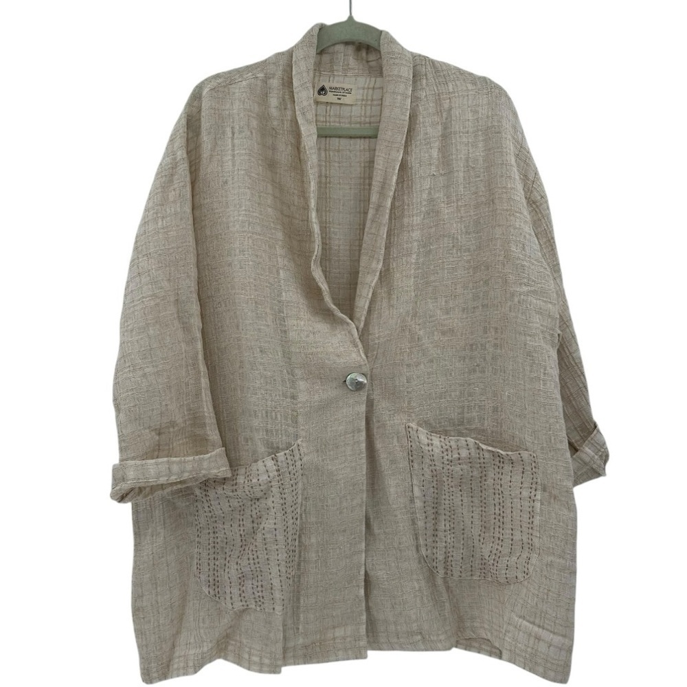 Marketplace Handwork of India 100% Linen Lagenlook‎ Boxy Cardigan Jacket 1X